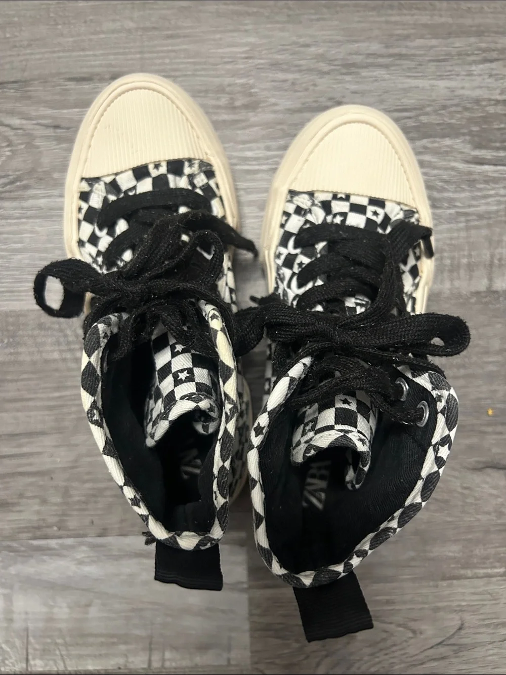 Zara Black & White Checkerboard High-Top Sneakers with Star Detail